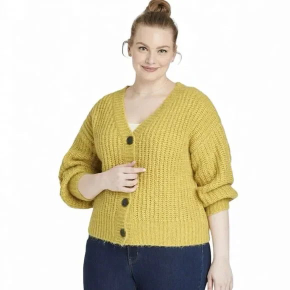 Ava & Viv Plus Size Mustard Yellow Knit V Neck Button Front Long Sleeve Cardigan - Picture 1 of 4